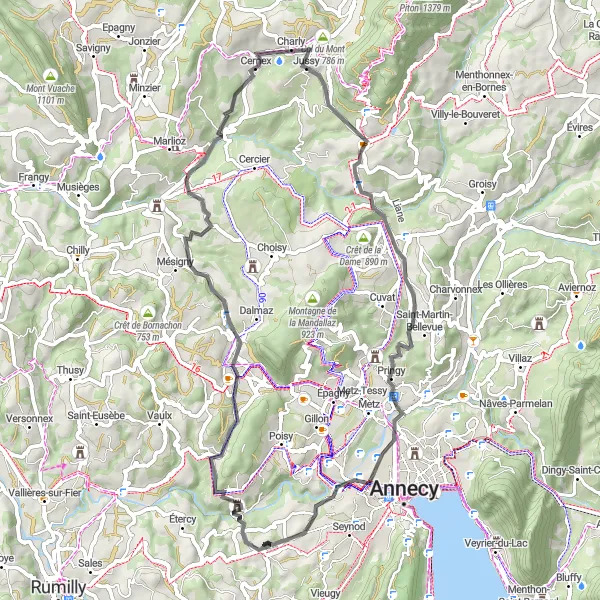 Kartminiatyr av "Vägcykling runt Chavanod: Natur och kultur" cykelinspiration i Rhône-Alpes, France. Genererad av Tarmacs.app cykelruttplanerare