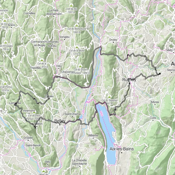 Miniatura della mappa di ispirazione al ciclismo "Tour in Bici da Chavanod a Gorges du Fier" nella regione di Rhône-Alpes, France. Generata da Tarmacs.app, pianificatore di rotte ciclistiche