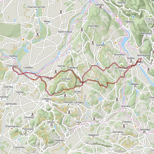 Miniaturní mapa "Okružní cyklistická trasa u Chavanoz (gravel)" inspirace pro cyklisty v oblasti Rhône-Alpes, France. Vytvořeno pomocí plánovače tras Tarmacs.app