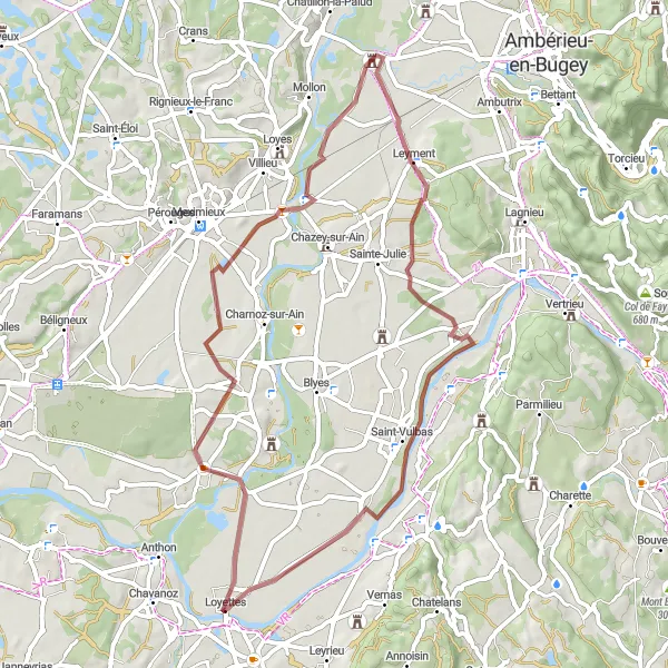 Zemljevid v pomanjšavi "Kolesarska pot skozi Saint-Vulbas" kolesarske inspiracije v Rhône-Alpes, France. Generirano z načrtovalcem kolesarskih poti Tarmacs.app