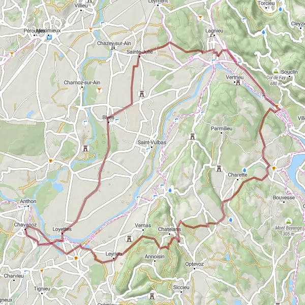 Miniature de la carte de l'inspiration cycliste "Découverte naturelle autour de Chavanoz" dans la Rhône-Alpes, France. Générée par le planificateur d'itinéraire cycliste Tarmacs.app