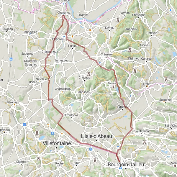 Miniaturní mapa "Gravel Adventure to Chavanoz" inspirace pro cyklisty v oblasti Rhône-Alpes, France. Vytvořeno pomocí plánovače tras Tarmacs.app
