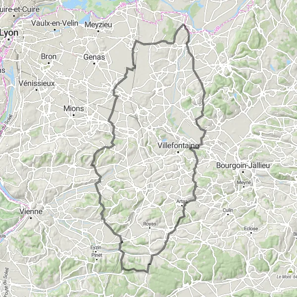 Miniature de la carte de l'inspiration cycliste "Les collines autour de Chavanoz" dans la Rhône-Alpes, France. Générée par le planificateur d'itinéraire cycliste Tarmacs.app