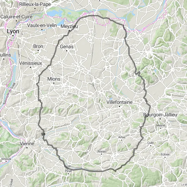 Miniatura della mappa di ispirazione al ciclismo "Giro panoramico tra Chavanoz e Meyzieu" nella regione di Rhône-Alpes, France. Generata da Tarmacs.app, pianificatore di rotte ciclistiche