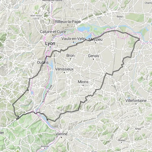 Miniature de la carte de l'inspiration cycliste "Parcours road à travers les vignobles" dans la Rhône-Alpes, France. Générée par le planificateur d'itinéraire cycliste Tarmacs.app