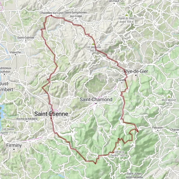 Kartminiatyr av "Utmanande terräng runt Chazelles-sur-Lyon" cykelinspiration i Rhône-Alpes, France. Genererad av Tarmacs.app cykelruttplanerare