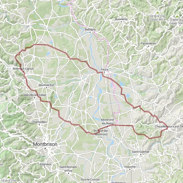 Zemljevid v pomanjšavi "Raziščite naravne lepote Bellegarde-en-Forez" kolesarske inspiracije v Rhône-Alpes, France. Generirano z načrtovalcem kolesarskih poti Tarmacs.app
