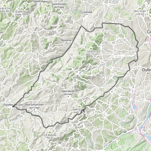 Kartminiatyr av "Chazelles-sur-Lyon til Grand Mont" sykkelinspirasjon i Rhône-Alpes, France. Generert av Tarmacs.app sykkelrutoplanlegger