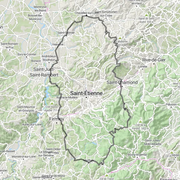 Miniatura della mappa di ispirazione al ciclismo "Avventurosa pedalata intorno a Chazelles-sur-Lyon" nella regione di Rhône-Alpes, France. Generata da Tarmacs.app, pianificatore di rotte ciclistiche