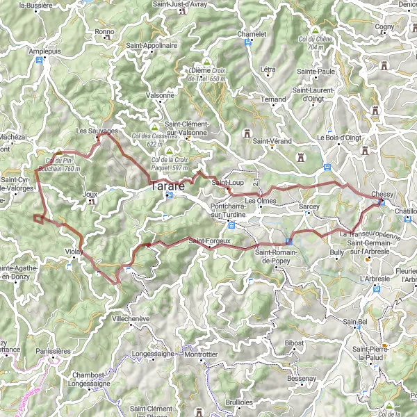 Karttaminiaatyyri "Seikkailullinen Gravel-pyöräilureitti Chessystä" pyöräilyinspiraatiosta alueella Rhône-Alpes, France. Luotu Tarmacs.app pyöräilyreittisuunnittelijalla