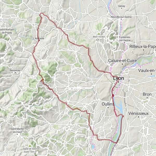 Kartminiatyr av "Lozanne Gravel Adventure" sykkelinspirasjon i Rhône-Alpes, France. Generert av Tarmacs.app sykkelrutoplanlegger