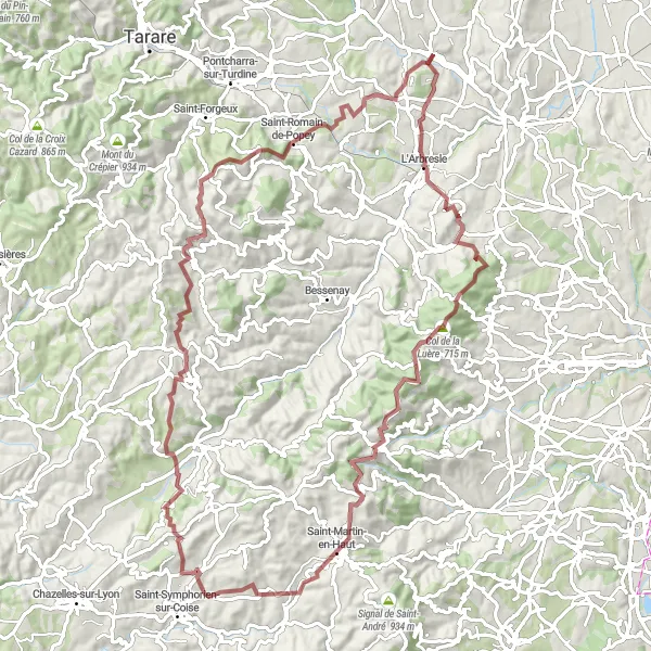 Map miniature of "Gravel Adventure through Rhône-Alpes" cycling inspiration in Rhône-Alpes, France. Generated by Tarmacs.app cycling route planner