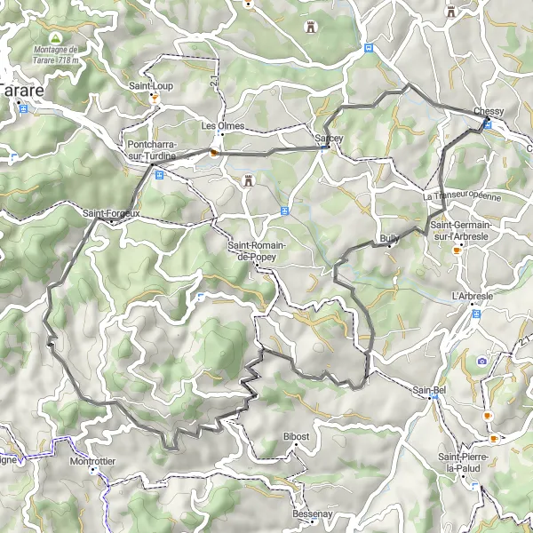 Map miniature of "The Scenic Roadtrip" cycling inspiration in Rhône-Alpes, France. Generated by Tarmacs.app cycling route planner