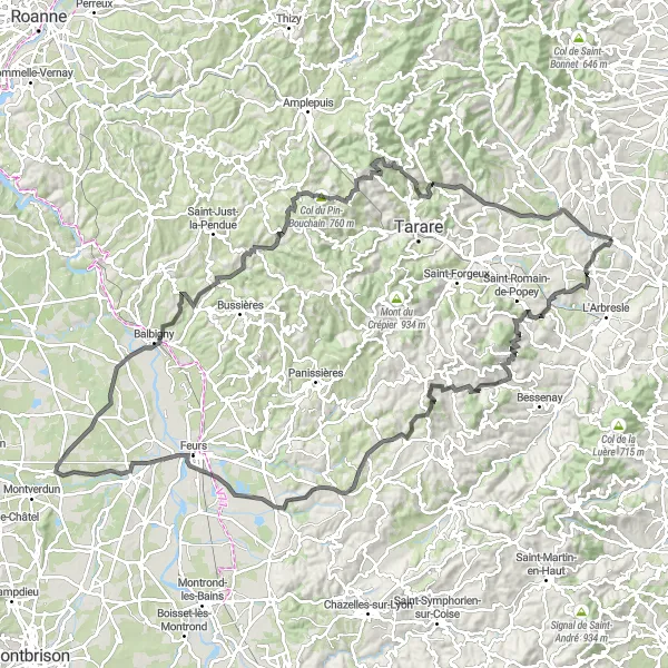Kartminiatyr av "Lang sykkeltur fra Chessy: Bully - Le Breuil" sykkelinspirasjon i Rhône-Alpes, France. Generert av Tarmacs.app sykkelrutoplanlegger