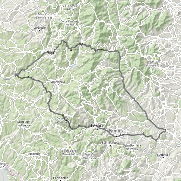 Mapa miniatúra "Road Adventure to Grandris" cyklistická inšpirácia v Rhône-Alpes, France. Vygenerované cyklistickým plánovačom trás Tarmacs.app