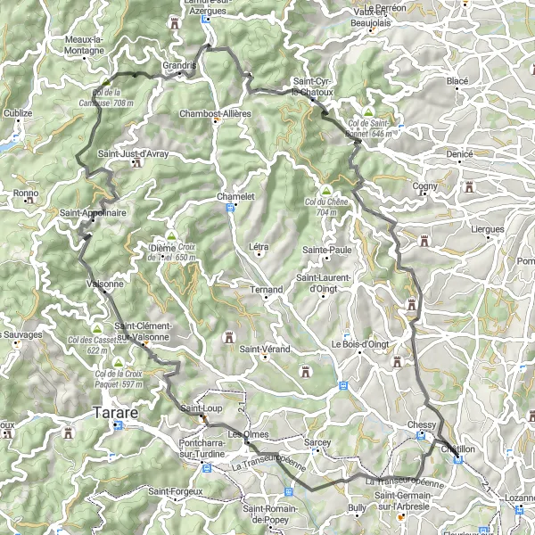 Map miniature of "Valsonne Adventure" cycling inspiration in Rhône-Alpes, France. Generated by Tarmacs.app cycling route planner