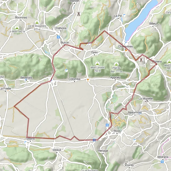 Miniaturní mapa "Gravelní trasa kolem Chirens" inspirace pro cyklisty v oblasti Rhône-Alpes, France. Vytvořeno pomocí plánovače tras Tarmacs.app