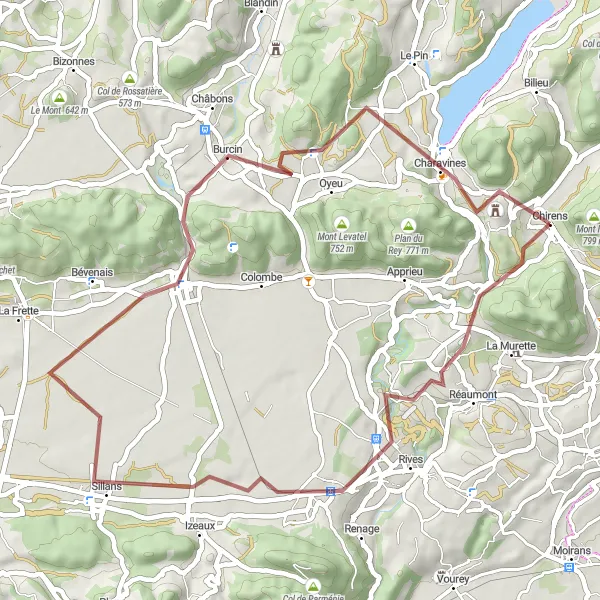 Miniatua del mapa de inspiración ciclista "Ruta de Grava Chirens - Charavines" en Rhône-Alpes, France. Generado por Tarmacs.app planificador de rutas ciclistas