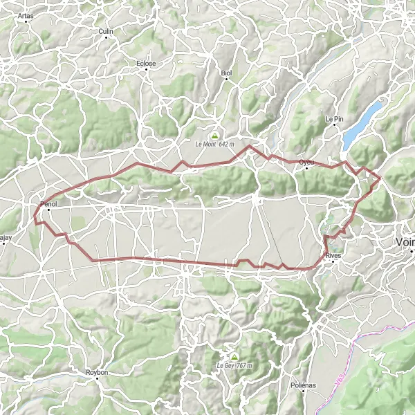 Miniaturní mapa "Gravelový okruh kolem Chirens" inspirace pro cyklisty v oblasti Rhône-Alpes, France. Vytvořeno pomocí plánovače tras Tarmacs.app