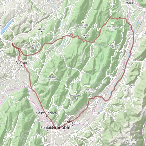 Miniaturní mapa "Gravel Tour de Chirens" inspirace pro cyklisty v oblasti Rhône-Alpes, France. Vytvořeno pomocí plánovače tras Tarmacs.app