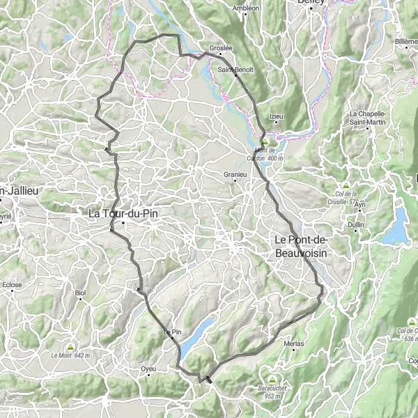 Miniature de la carte de l'inspiration cycliste "Les Paysages du Nord-Isère" dans la Rhône-Alpes, France. Générée par le planificateur d'itinéraire cycliste Tarmacs.app