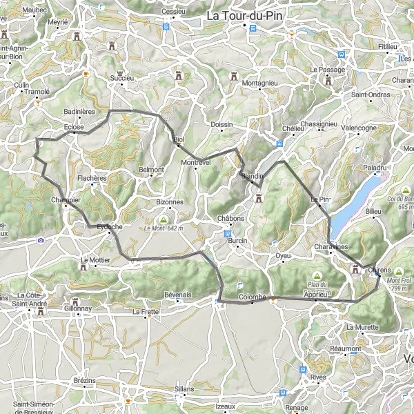 Karten-Miniaturansicht der Radinspiration "Rundtour über Le Grand-Lemps, Champier, Biol und Charavines" in Rhône-Alpes, France. Erstellt vom Tarmacs.app-Routenplaner für Radtouren