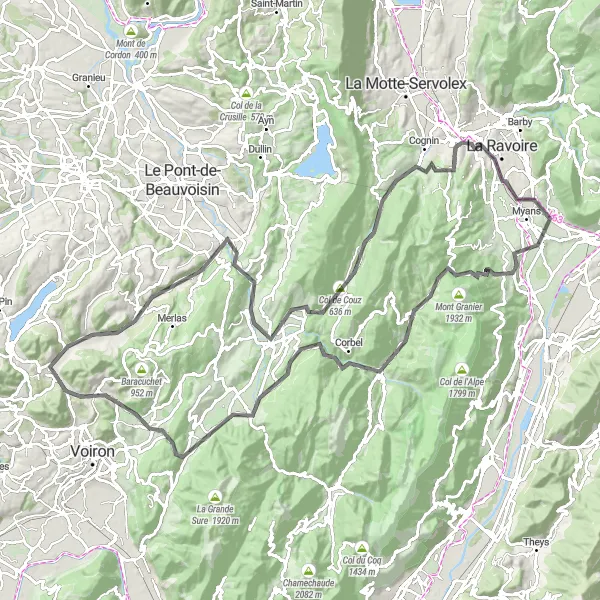 Miniaturní mapa "Okruh kolem Chirens" inspirace pro cyklisty v oblasti Rhône-Alpes, France. Vytvořeno pomocí plánovače tras Tarmacs.app