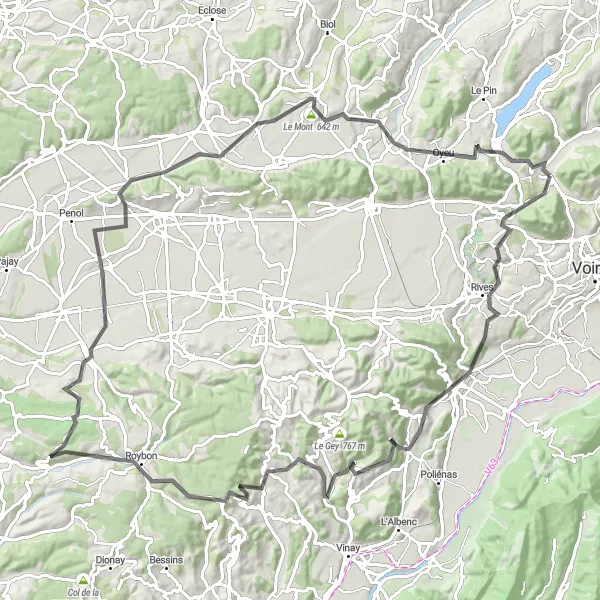 Miniaturní mapa "Silniční trasa kolem Chirens" inspirace pro cyklisty v oblasti Rhône-Alpes, France. Vytvořeno pomocí plánovače tras Tarmacs.app