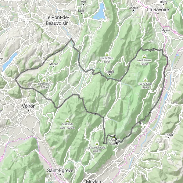 Miniaturní mapa "Náročná silniční trasa kolem Chirens" inspirace pro cyklisty v oblasti Rhône-Alpes, France. Vytvořeno pomocí plánovače tras Tarmacs.app