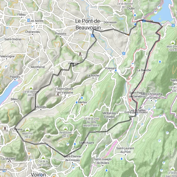 Zemljevid v pomanjšavi "Raziskovanje slikovitih pokrajin na cestnem kolesu" kolesarske inspiracije v Rhône-Alpes, France. Generirano z načrtovalcem kolesarskih poti Tarmacs.app