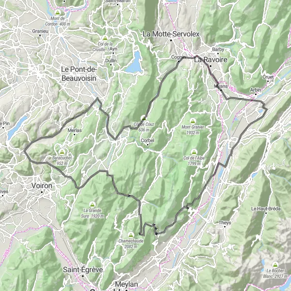 Mapa miniatúra "Zážitková jazda okolo Montgelas" cyklistická inšpirácia v Rhône-Alpes, France. Vygenerované cyklistickým plánovačom trás Tarmacs.app