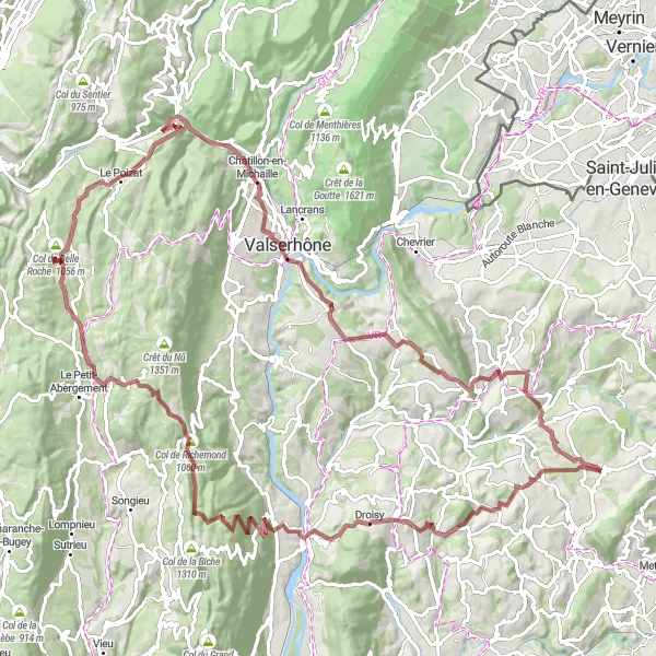 Mapa miniatúra "Gravel Tour Mésigny - Châtillon-en-Michaille" cyklistická inšpirácia v Rhône-Alpes, France. Vygenerované cyklistickým plánovačom trás Tarmacs.app