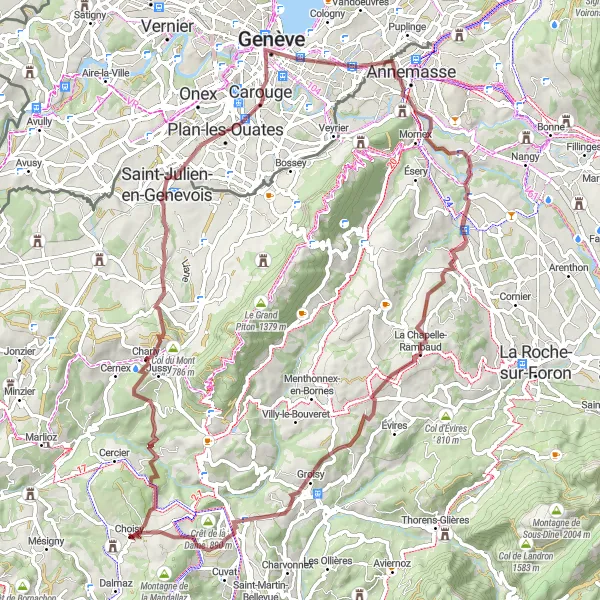 Kartminiatyr av "Utforska grusvägar från Choisy till Villy-le-Pelloux" cykelinspiration i Rhône-Alpes, France. Genererad av Tarmacs.app cykelruttplanerare