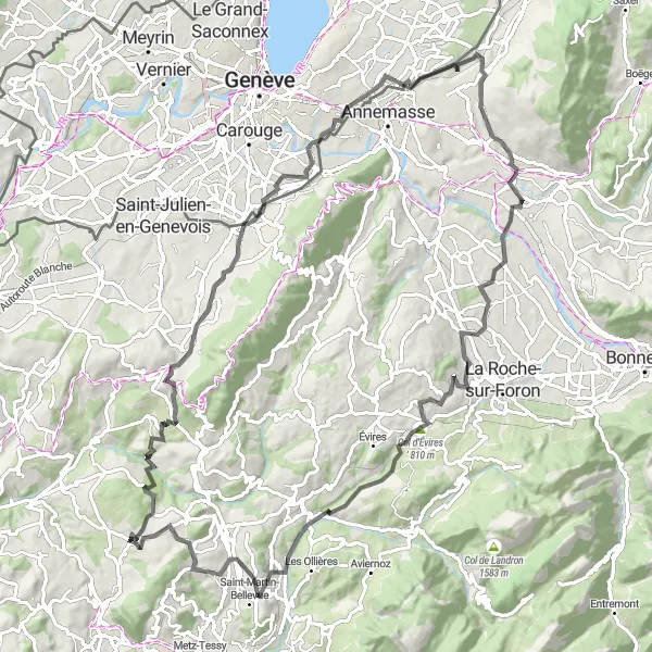 Miniature de la carte de l'inspiration cycliste "Défi cycliste autour de Choisy" dans la Rhône-Alpes, France. Générée par le planificateur d'itinéraire cycliste Tarmacs.app