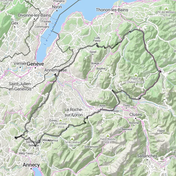 Map miniature of "Circular Route through Rhône-Alpes" cycling inspiration in Rhône-Alpes, France. Generated by Tarmacs.app cycling route planner