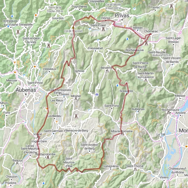 Miniatua del mapa de inspiración ciclista "Ruta por caminos de grava desde Chomérac" en Rhône-Alpes, France. Generado por Tarmacs.app planificador de rutas ciclistas