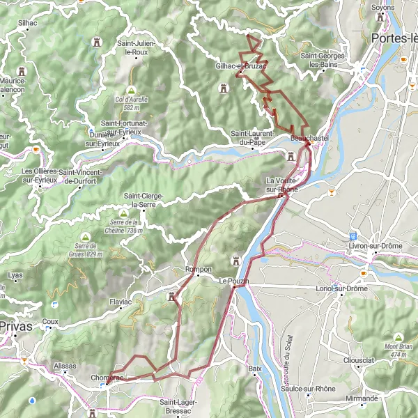 Miniatua del mapa de inspiración ciclista "Ruta por caminos de grava cerca de Chomérac" en Rhône-Alpes, France. Generado por Tarmacs.app planificador de rutas ciclistas