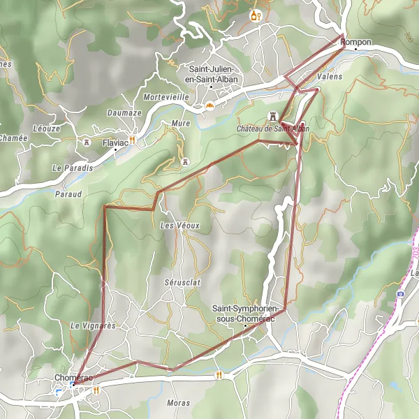 Miniatua del mapa de inspiración ciclista "Ruta corta por caminos de grava desde Chomérac" en Rhône-Alpes, France. Generado por Tarmacs.app planificador de rutas ciclistas