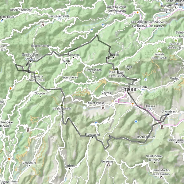 Miniatua del mapa de inspiración ciclista "Ruta en carretera desde Chomérac" en Rhône-Alpes, France. Generado por Tarmacs.app planificador de rutas ciclistas