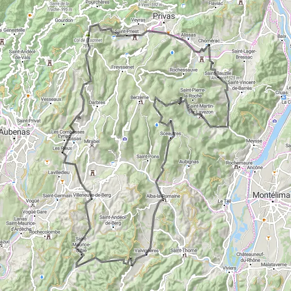 Kartminiatyr av "Landevei Ekspedisjon til Alba-la-Romaine" sykkelinspirasjon i Rhône-Alpes, France. Generert av Tarmacs.app sykkelrutoplanlegger