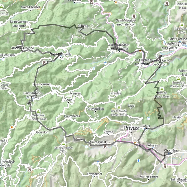 Kartminiatyr av "Utfordrende rute i Ardèche" sykkelinspirasjon i Rhône-Alpes, France. Generert av Tarmacs.app sykkelrutoplanlegger