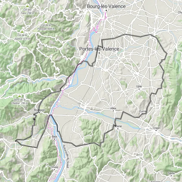 Kartminiatyr av "Rhône-dalen tur" sykkelinspirasjon i Rhône-Alpes, France. Generert av Tarmacs.app sykkelrutoplanlegger