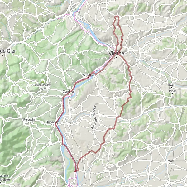 Miniatura mapy "Trasa Chuzelles - Restes du portique romain, dit du Forum - Belvédère de Pipet - Assieu - Saint-Alban-du-Rhône - Ampuis - Vienne" - trasy rowerowej w Rhône-Alpes, France. Wygenerowane przez planer tras rowerowych Tarmacs.app
