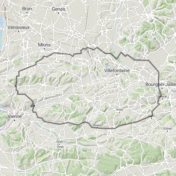 Map miniature of "Road Route - Chuzelles to Serpaize" cycling inspiration in Rhône-Alpes, France. Generated by Tarmacs.app cycling route planner