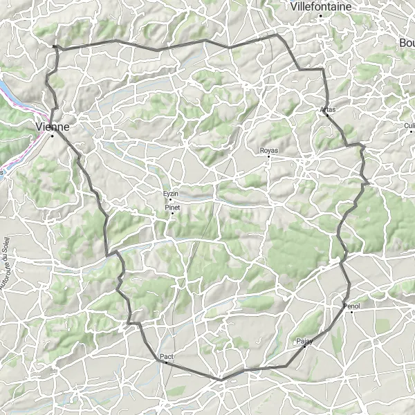 Miniatua del mapa de inspiración ciclista "Ruta escénica por Luzinay y Vienne" en Rhône-Alpes, France. Generado por Tarmacs.app planificador de rutas ciclistas