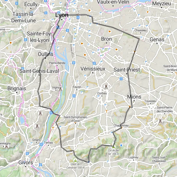 Miniatura mapy "Trasa Chuzelles - Haut de Cornavan - Vernaison - Esplanade - Lyon - Chassieu - Mions - Col de Bel Air" - trasy rowerowej w Rhône-Alpes, France. Wygenerowane przez planer tras rowerowych Tarmacs.app