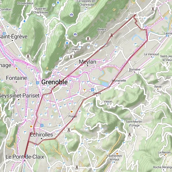 Miniatua del mapa de inspiración ciclista "Ruta de ciclismo de grava desde Claix a Gières" en Rhône-Alpes, France. Generado por Tarmacs.app planificador de rutas ciclistas