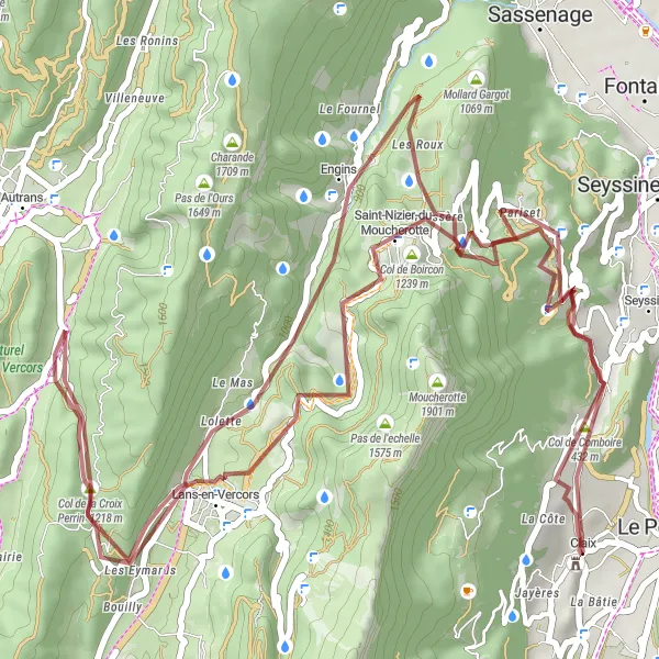 Kartminiatyr av "Grusvei eventyr i Vercors" sykkelinspirasjon i Rhône-Alpes, France. Generert av Tarmacs.app sykkelrutoplanlegger