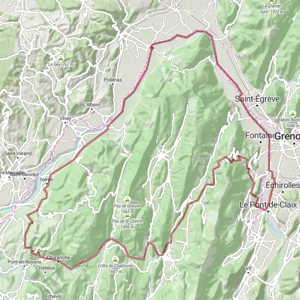 Kartminiatyr av "Grusvägar och natursköna vyer" cykelinspiration i Rhône-Alpes, France. Genererad av Tarmacs.app cykelruttplanerare