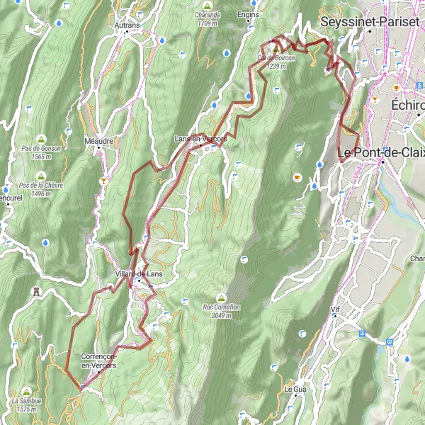 Miniature de la carte de l'inspiration cycliste "Tour gravel des sommets de Vercors" dans la Rhône-Alpes, France. Générée par le planificateur d'itinéraire cycliste Tarmacs.app
